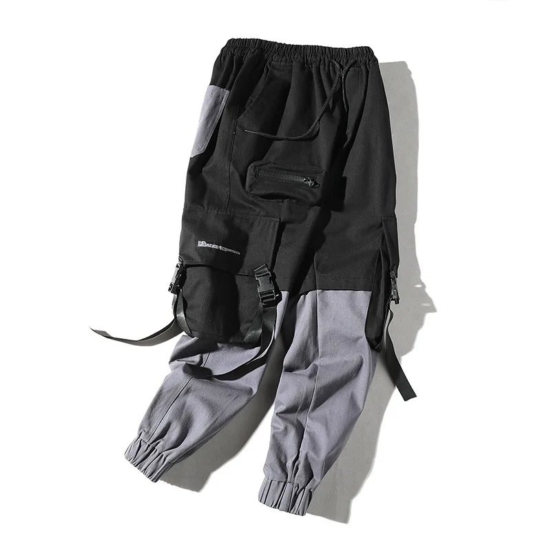 Модные лоскутные брюки-карго, уличная одежда, хип-хоп, с лентами, штаны для бега, мужские, японский стиль, черные повседневные спортивные брюки, мужские брюки