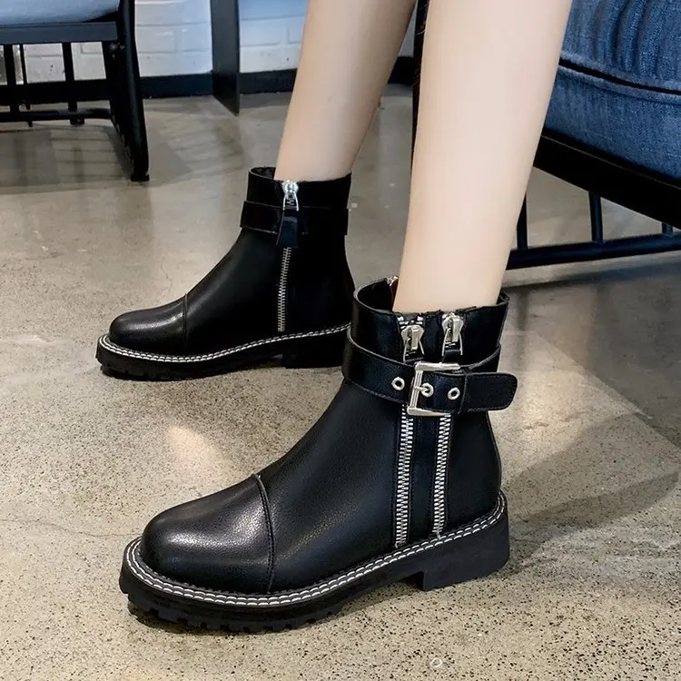 

Black Double Zipper Punk Boots Women Winter Shoes PU Leather Ankle Buckle Martin Shoes Short Boots for Ladies Non-slip 2019 New