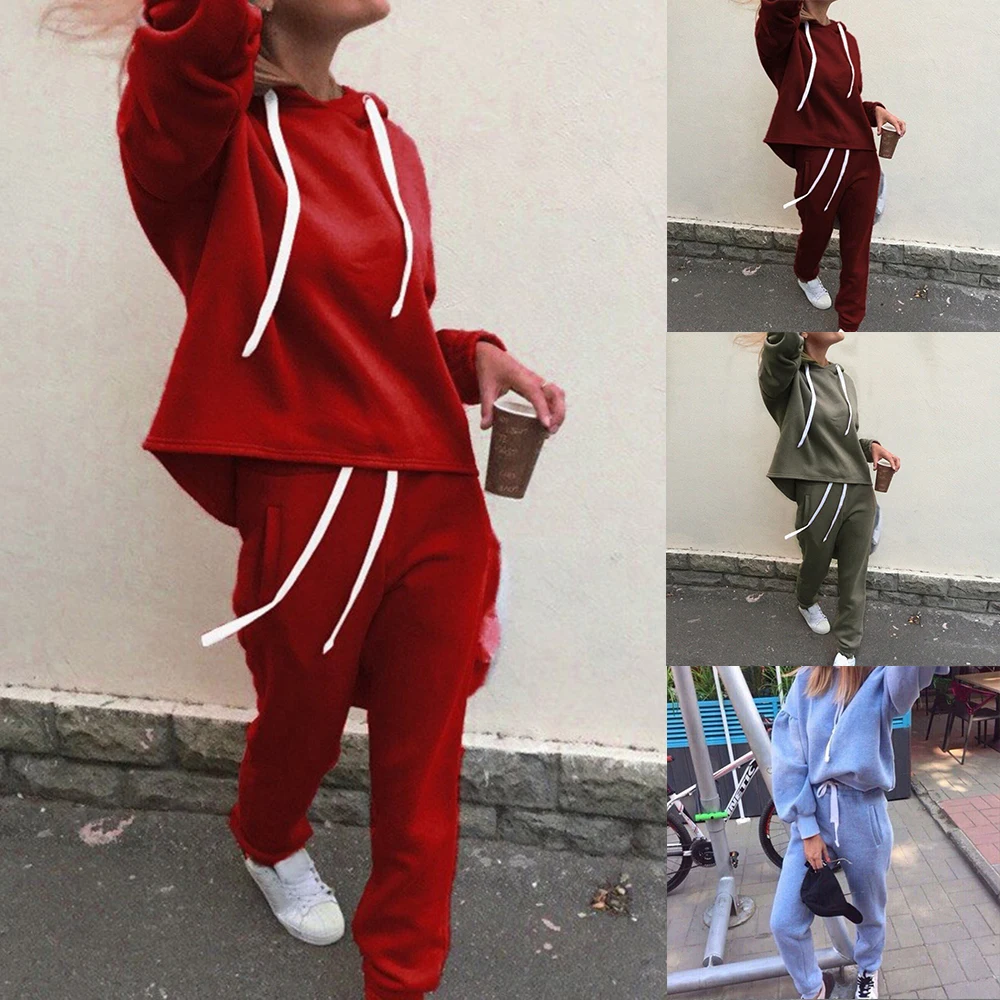Новинка, женский спортивный костюм, длинный рукав, утолщенные толстовки, длинные штаны, набор, повседневные толстовки, однотонный спортивный костюм, женский спортивный костюм
