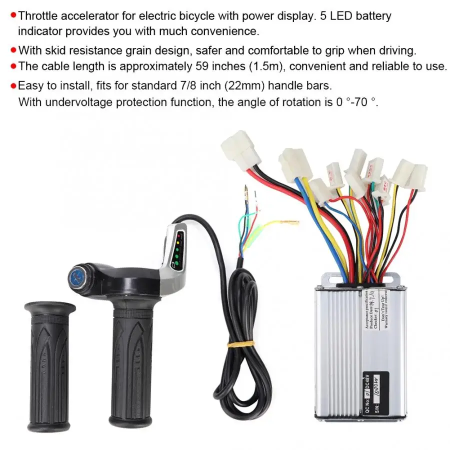 48V 1000W Electric Bicycle E-bike Scooter Controller Electric Bike Motor Brushed Speed Controller Twist Throttle Handlebar Grip