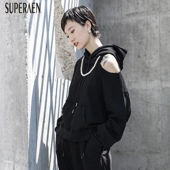 

SuperAen Europe 2020 Spring New Hoody Pearl Women Sweatshirts Off Shoulder Casual Hooded Sweatshirts Female Wild Fashion Tops