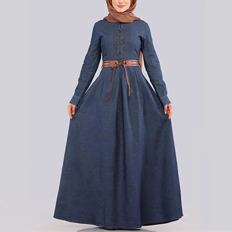 Dark Blue Джинсовое длинное платье Dromiya abaya в Дубае, женское мусульманское платье-кафтан, мусульманское платье-халат, свободное арабское модное платье с длинными рукавами - Цвет: Dark Blue