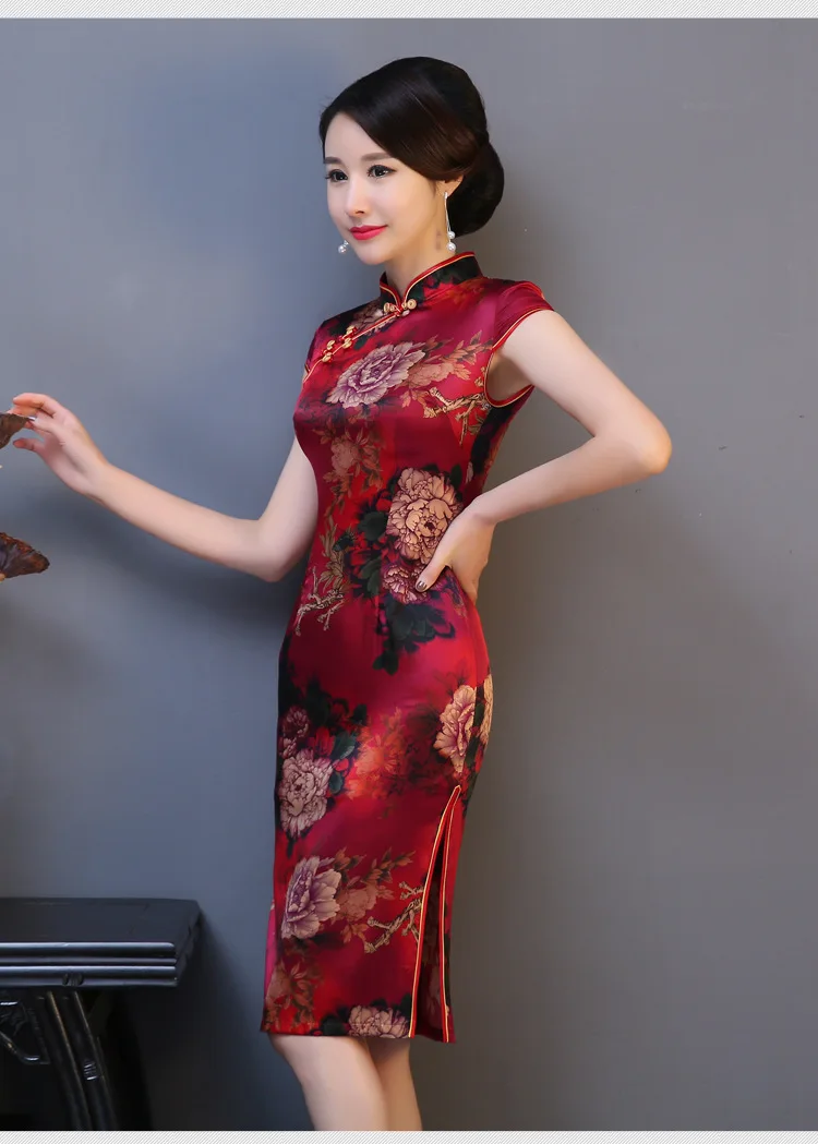 Шелковое женское платье Cheongsam Tang платье Китайский ветер Лето Средний старомодное платье шелк тутового дерева