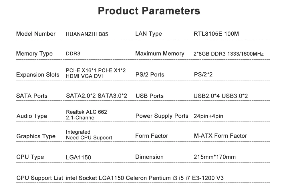 Huanan Zhi B85 материнская плата для Intel LGA 1150 i3 i5 i7 E3 DDR3 1333/1600 МГц 16 Гб SATA3.0 USB3.0 VGA, HDMI, DVI HDMI M-ATX материнская плата