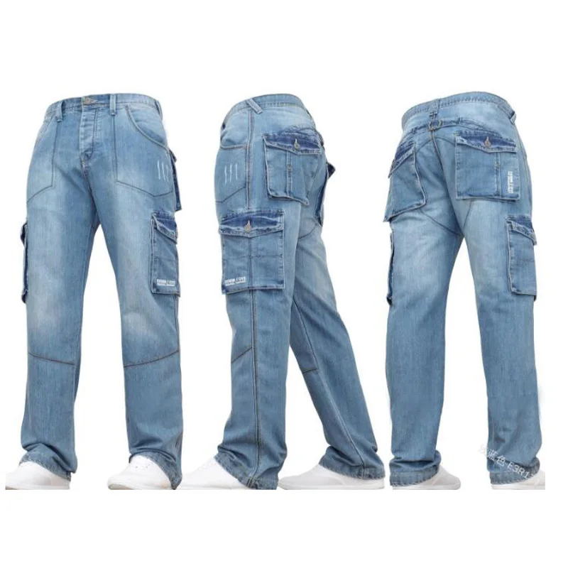 Мужские джинсы, мужские брюки, прямые, хлопковые, мужские, свободные, джинсы, больше карманов, комбинезоны, высокое качество