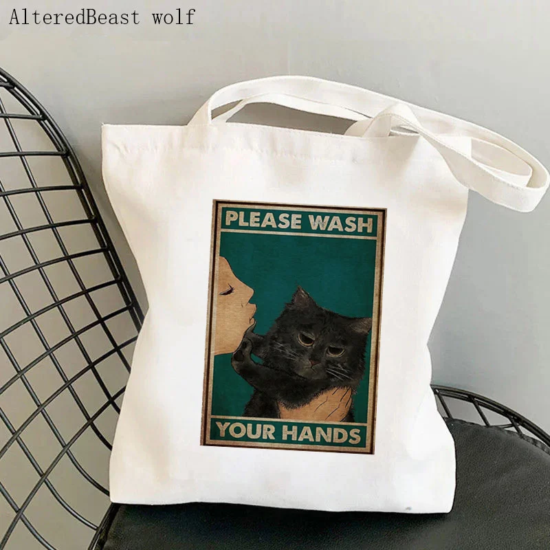 Women Shopper bag Black Cat Wash Your Paws Kawaii Bag Harajuku Shopping Canvas Shopper Bag girl handbag Tote Shoulder Lady Bag