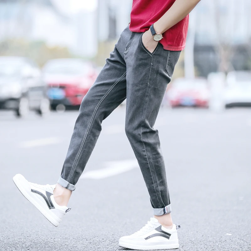 

2019 Four seasons men's trend street skinny fashion jeans cotton fabric pants
