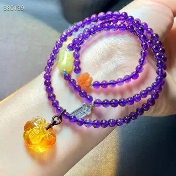 

Certificate Natural Purple Amethyst Quartz Crystal Women Bracelet 5mm 3 Laps Clear Round Beads Amber Flower Pendant AAAAA