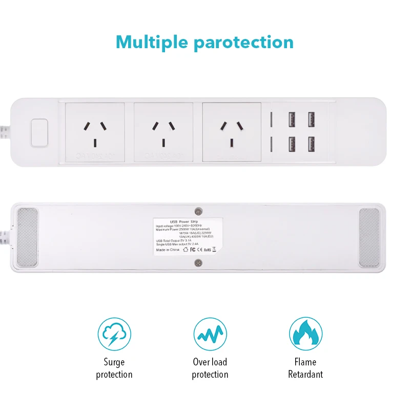Блок питания 4 USB Smart AU Plug Переключатель перегрузки стабилизатор напряжения 3 выхода 4 порта USB зарядное устройство 1,8 м 250 В 10A 2500 Вт 5 В 3.1A разъем