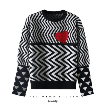 

Qooth O-veck Sweater Women Pullovers Ins Striped Knitted Sweaters 2020 Spring Love Knit Casual Loose Hit Color Jumpers QH2216