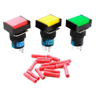 

3pcs AC 220V Momentary Rectangle Push Button Switch + Insulated Crimp Terminal