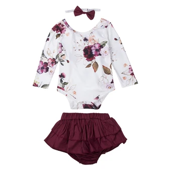 

Cute Toddler Baby Girls Floral Outfits Suit Cotton Lace Up Jumpsuit+Ruffle Skirts Shorts+Headband 3pcs Little Baby Girls Clothes