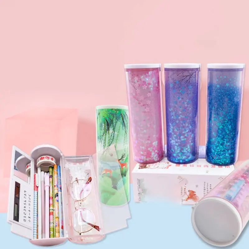 

Quicksand Translucent Pencil Case Multifunction Creative Cylindrical Calculator Stationery School Pen Holder 19QA