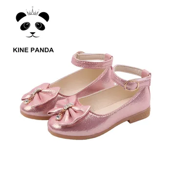 

KINE PANDA Nice Girls Shoes Kids Dress PU Leather Shoes 2 4 6 8 10 Years Old School Student Flat Shoes Gold Pink Bowknot