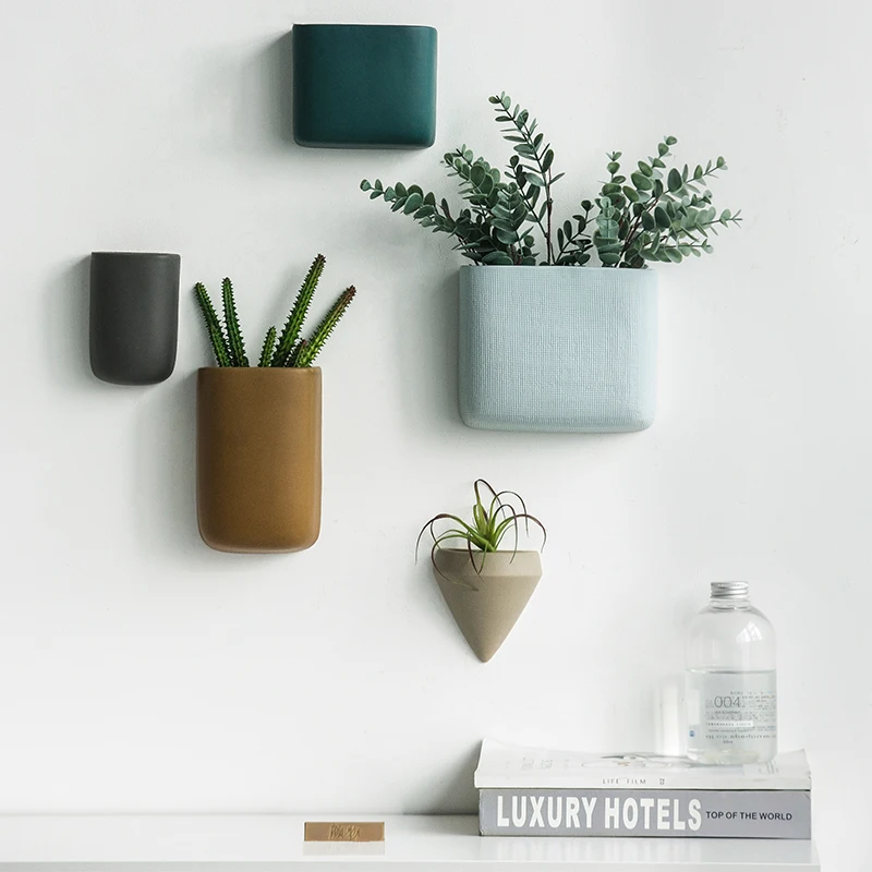 Creative Ceramic Wall Vase Home Hanging Flower Basket Decoration Adornment Solid Color Flower Holder Vases Home Decor