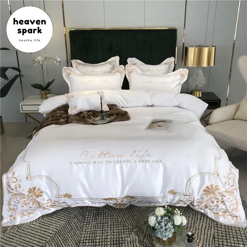 

Luxury Silk & Soft Cotton Bedding Set King Size Royal Embroidery Duvet Cover Queen Size Bed Sheets and Pillowcases Sabanas