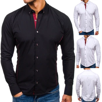 

OLOME 2019 Male Solid Shirts Autumn New Men Dress Shirts Turn Down Collar Long Sleeved Blouses Office Business Brand Clothing