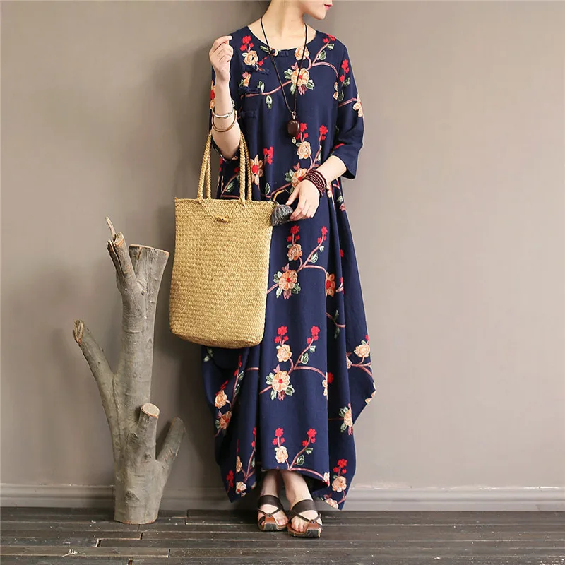 Весна Осень Женские платья винтажные Элегантные цветы вышивка ручная Пряжка женское Повседневное платье свободного кроя размера плюс