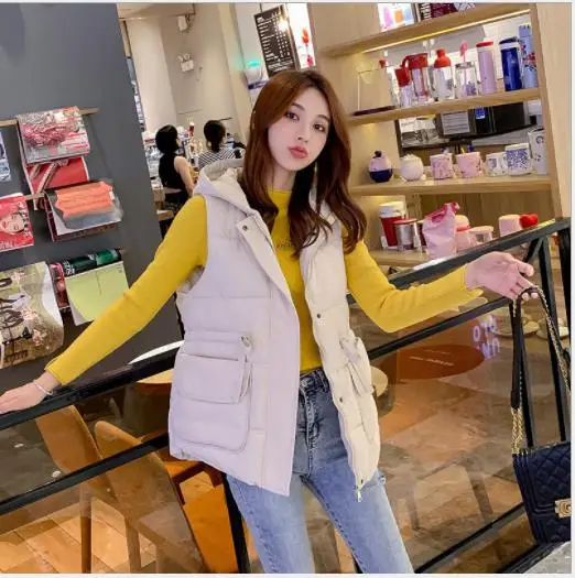 Beige White Модный осенний женский жилет размера плюс 3xl короткий пуховый хлопковый жилет с капюшоном с регулируемой талией зимняя куртка с большим карманом H135 - Цвет: Beige White