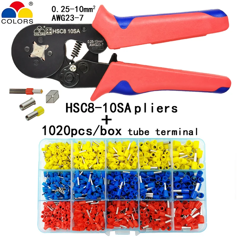 HSC8 10SA 1020 tube Трубчатые обжимные инструменты Мини Электрические плоскогубцы HSC8 10SA 0,25-10mm2 23-7AWG 6-4A/6-6A 0,25-6mm2 Высокоточный набор зажимов - Цвет: HSC8 10SA 1020 tube
