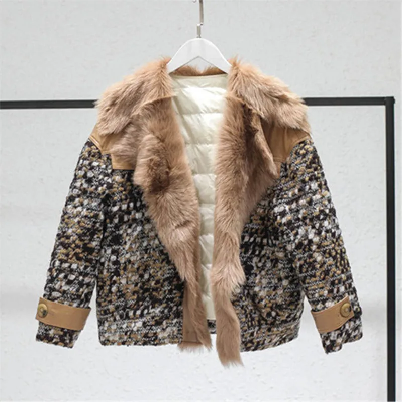 Camel Осенне-зимнее свободное пуховое пальто, женская твидовая куртка из натуральной шерсти с меховым воротником - Цвет: Camel