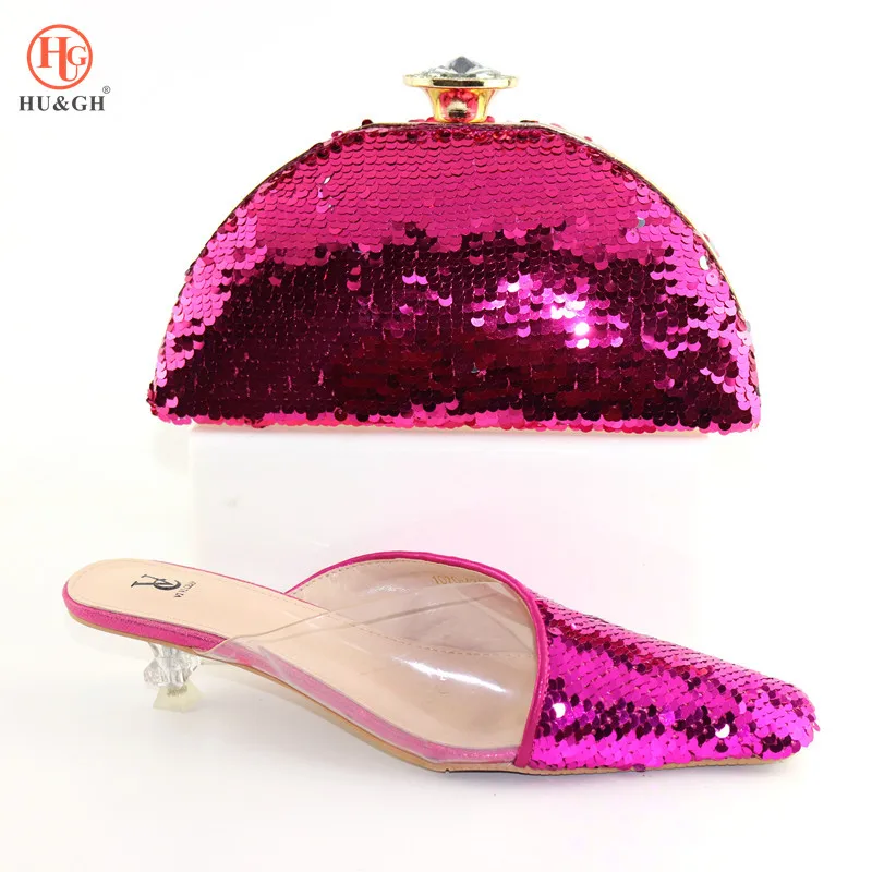

2019 High Quality Fuchsia Color African Designer Shoes And Bag Set with the Sequins Italian Party Shoes With Matching Bags Set