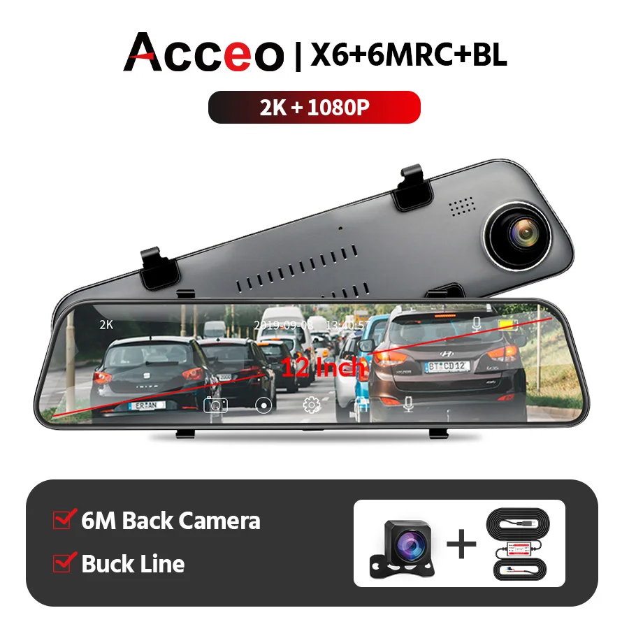 Acceo X6 Автомобильный видеорегистратор зеркало 12,0 дюймов зеркало заднего вида 2K Dashcam с камерой заднего вида ночное видение видео рекордер 1080P автомобильная камера - Название цвета: X6-6M RC-BL