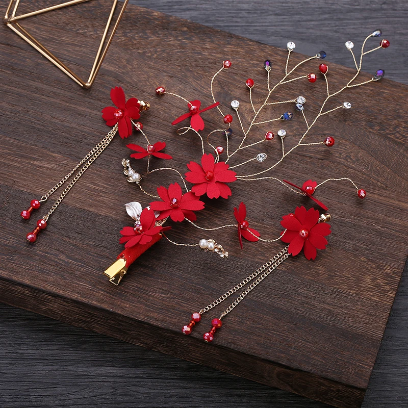 Sets Тиара античности клипсы с кистями шпилька Hanfu костюм невесты прическа красный цветок аксессуары для волос ручной работы украшения для волос - Цвет: Sets