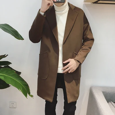 coffee Мужское шерстяное пальто модное повседневное длинное пальто мужское теплое свободное с длинными рукавами высококачественное хлопковое длинное Мужская шерстяная куртка Новинка - Цвет: coffee