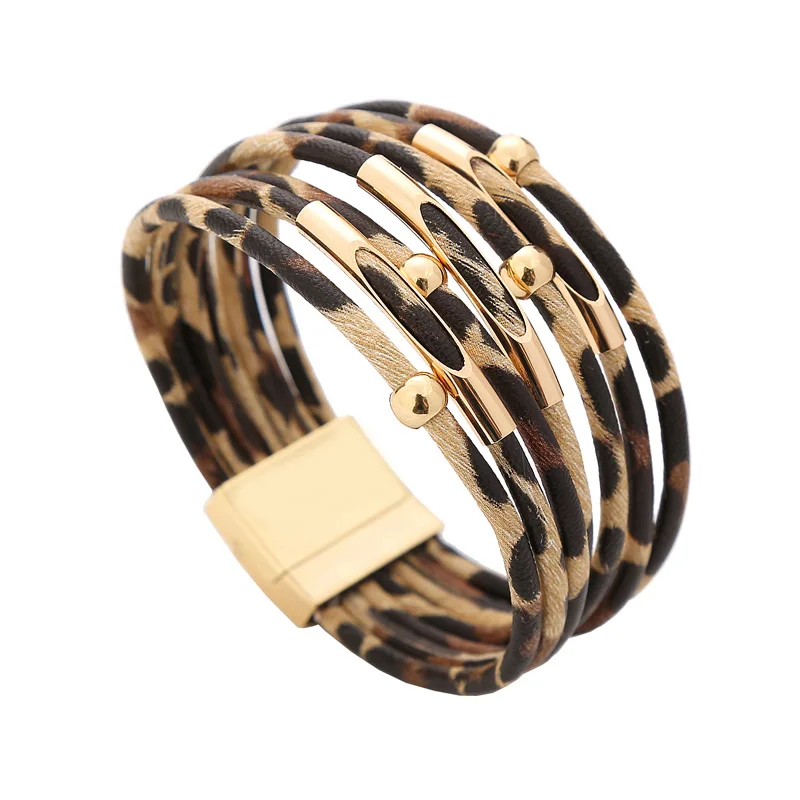 

Bracelets for Women Fashion Multi-layer Leopard Pattern Leather Rope Metal Tube Beads Bracelet Magnetic Clasp Bangle Bracelets