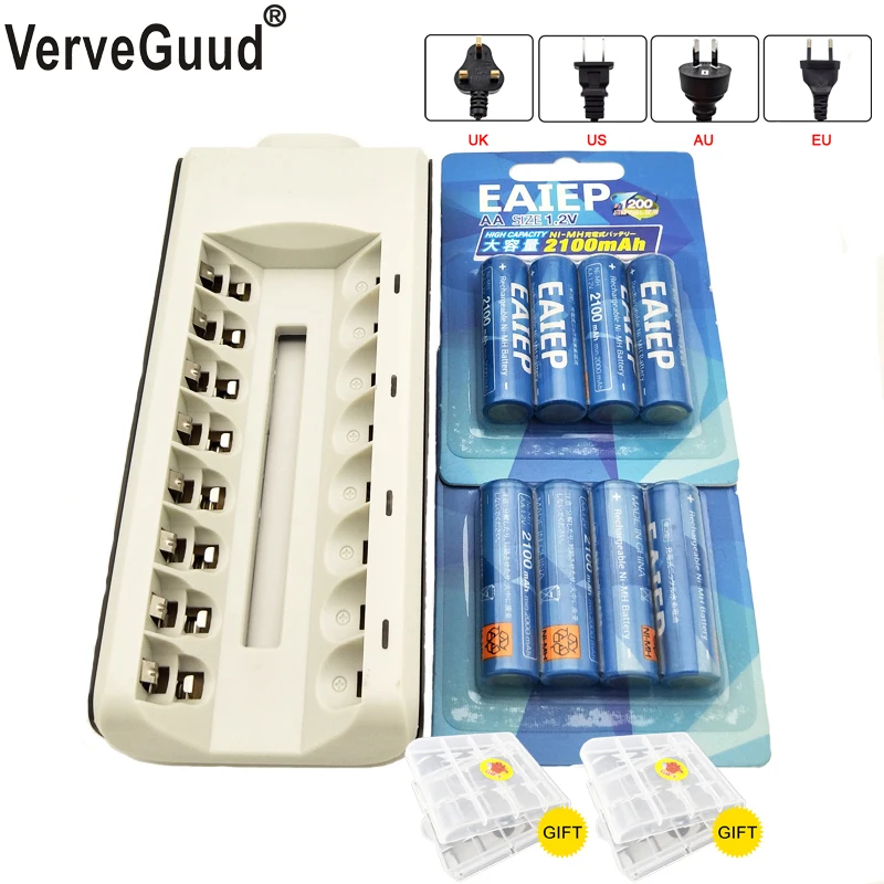 VerveGuud светодиодный индикатор зарядки 8 слотов для батарей AA / AAA + aa 2100 мАч nimh Ni-MH |