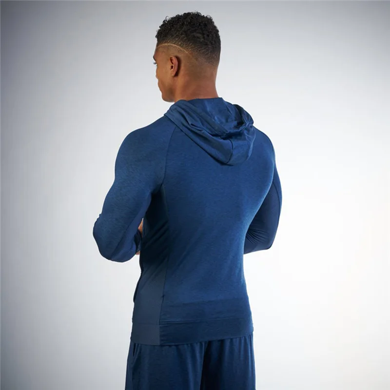 Jaqueta de corrida dos homens esportes casaco de fitness manga longa com capuz apertado hoodies Ziper fino caminhadas Толстовка