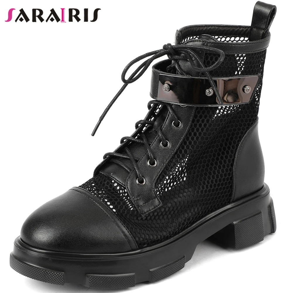 

SARAIRIS Fashion Female Buckle Decoration Lace Up Hollowing Boots Low Heel Summer Boots Women Genuine Leather Shoes Woman