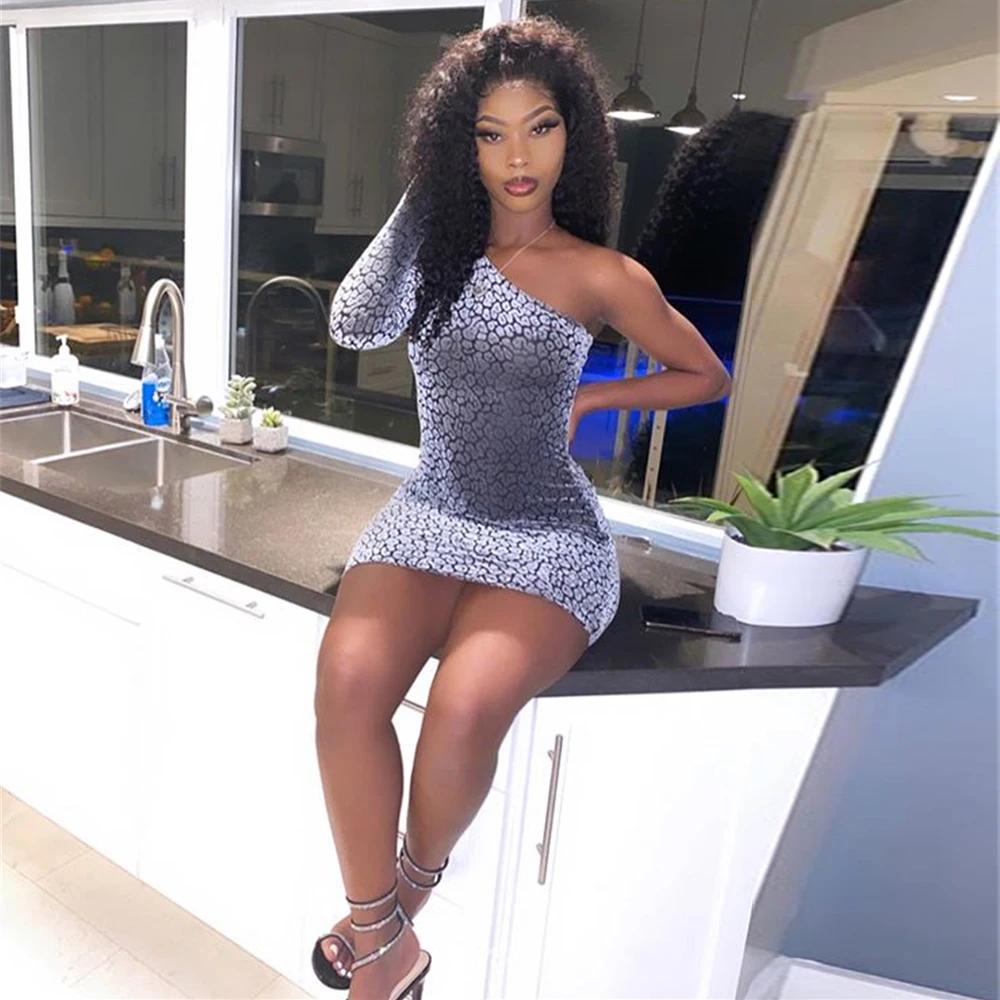 

KGFIGU Women one shoulder velvet dress 2020 Fashion brand new leopard mini vestidos skinny bodycon good stretchy high quality