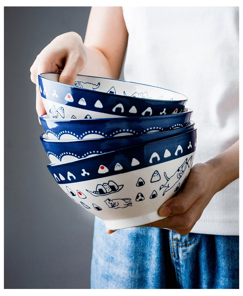 1100ml cat printed 7 inch soup bowls Japan style large capacity noodles ramen bowl cartoon under glazed cutlery