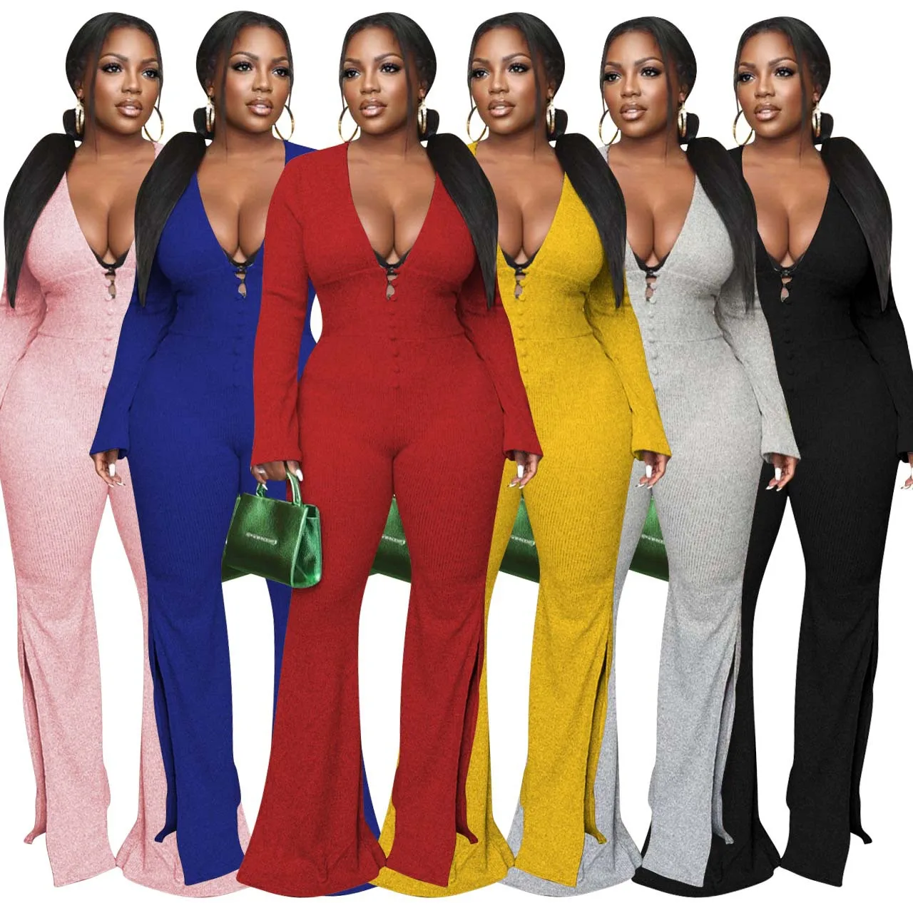 

Casual Women Jumpsuit Long Wide Pants Solid Color Deep V-neck Solid Color High Streetwear Sportsuit Long Romper Women Jumpsuit