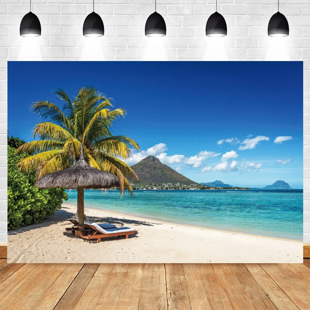 

Ocean Beach Photography Backdrops Hawaii Wedding Theme Photo Blue Sea Sky Coconut Palm Tree Studio Decoration Banner Background