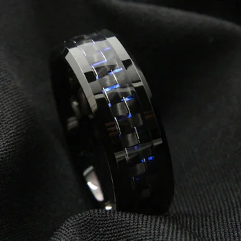 

8mm Black Stainless Steel Ring Brushed Tungsten Ring Blue Carbon Fiber Ring Men's Engagement Jewelry Gift