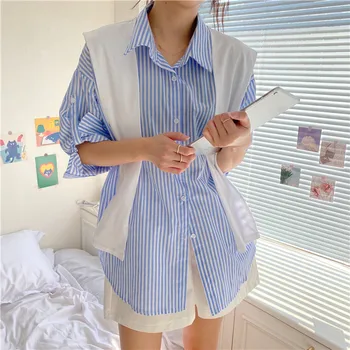 

Large Size Dress Long Sleeve Shawl Stripes Shirt Female Summer New Style Joint Tops Mid-length Shirt