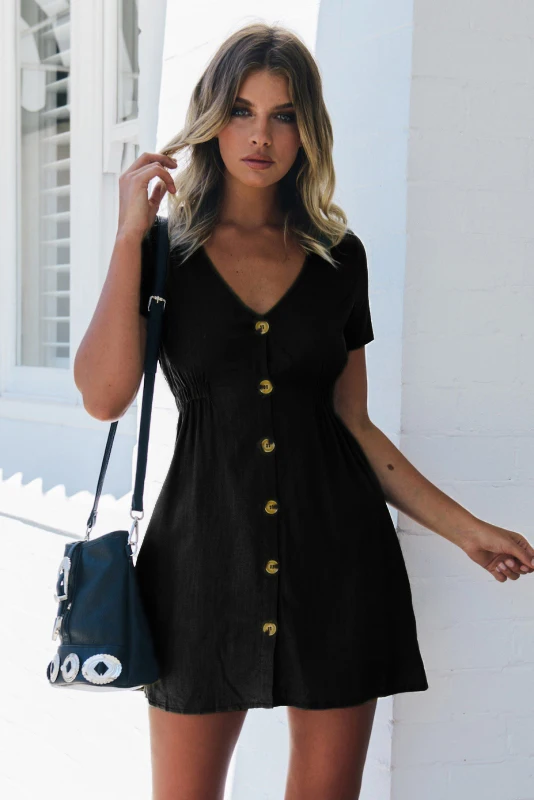 cropped cardigan Summer Dress Women's Candy Color V-Neck Short Dress Black Red Waist Slimming Dress Ladies Casual Button Dress long black cardigan