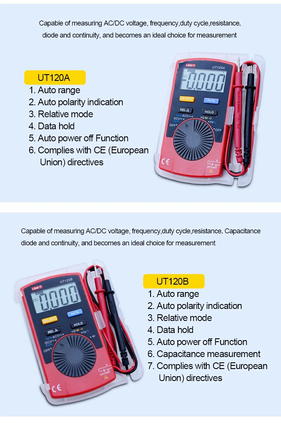 UNI-T UT120A UT120B UT120C Handheld Digital Multimeters Mini multimeter AC/DC frequency multimeter Ammeter Multitester Data Hold
