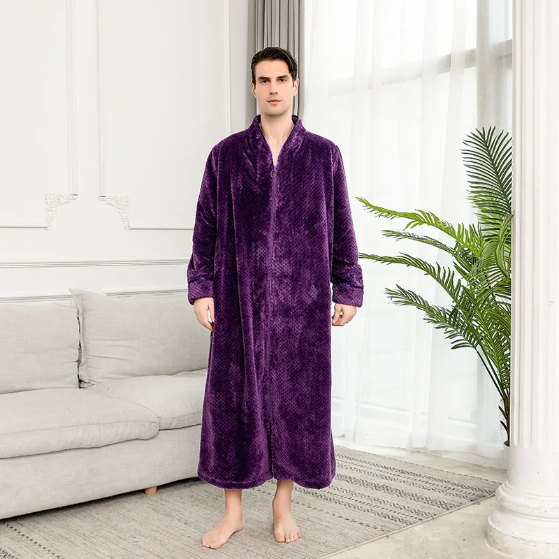men purple Женский фланелевый удлиненный утепленный халат больших размеров, зимний теплый банный халат на молнии с v-образным вырезом, халаты для невесты - Цвет: men purple