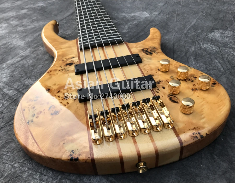 Вымершие 7 струн электрический бас, 11 шт. через шею, твердые Spalted кленовый заусенец, гриф из черного дерева, активные звукосниматели, реальные фото показывает