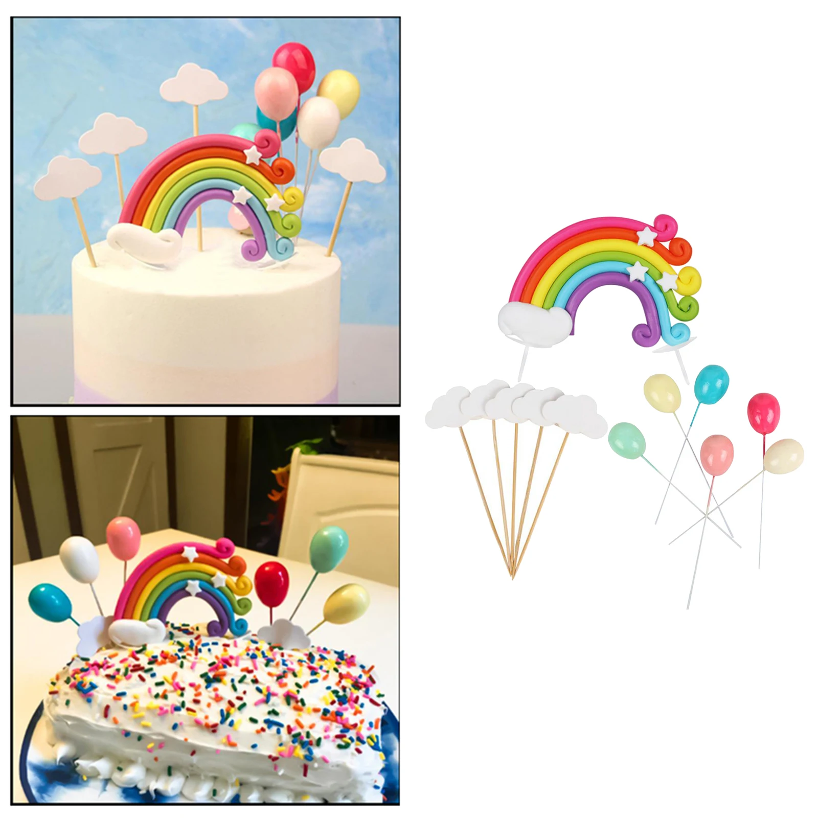 1 Set Rainbow Cake Topper Cupcake Picks Birthday Party Cloud Balloon Decorations