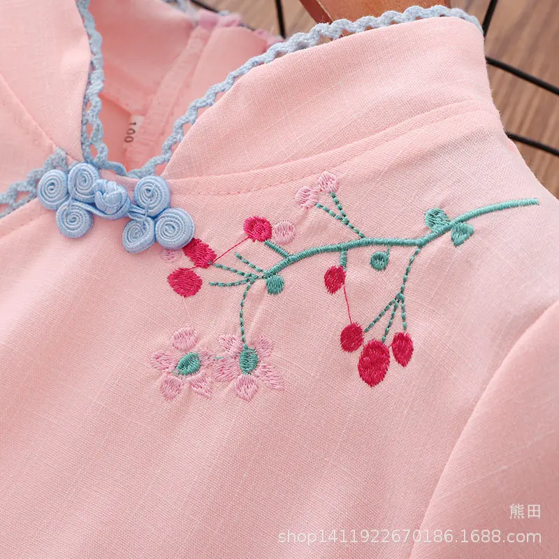 Spring Summer New Style Children Chinese Clothing Cotton Linen Short Sleeve CHILDREN'S Suit Chinese-style Handmade Frog Girls Ch