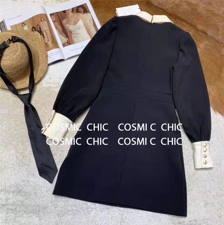 Cosmicchic женское осенне-зимнее платье с длинными рукавами и отворотами ретро на пуговицах с рукавом фонариком элегантное офисное шитый галстук платье