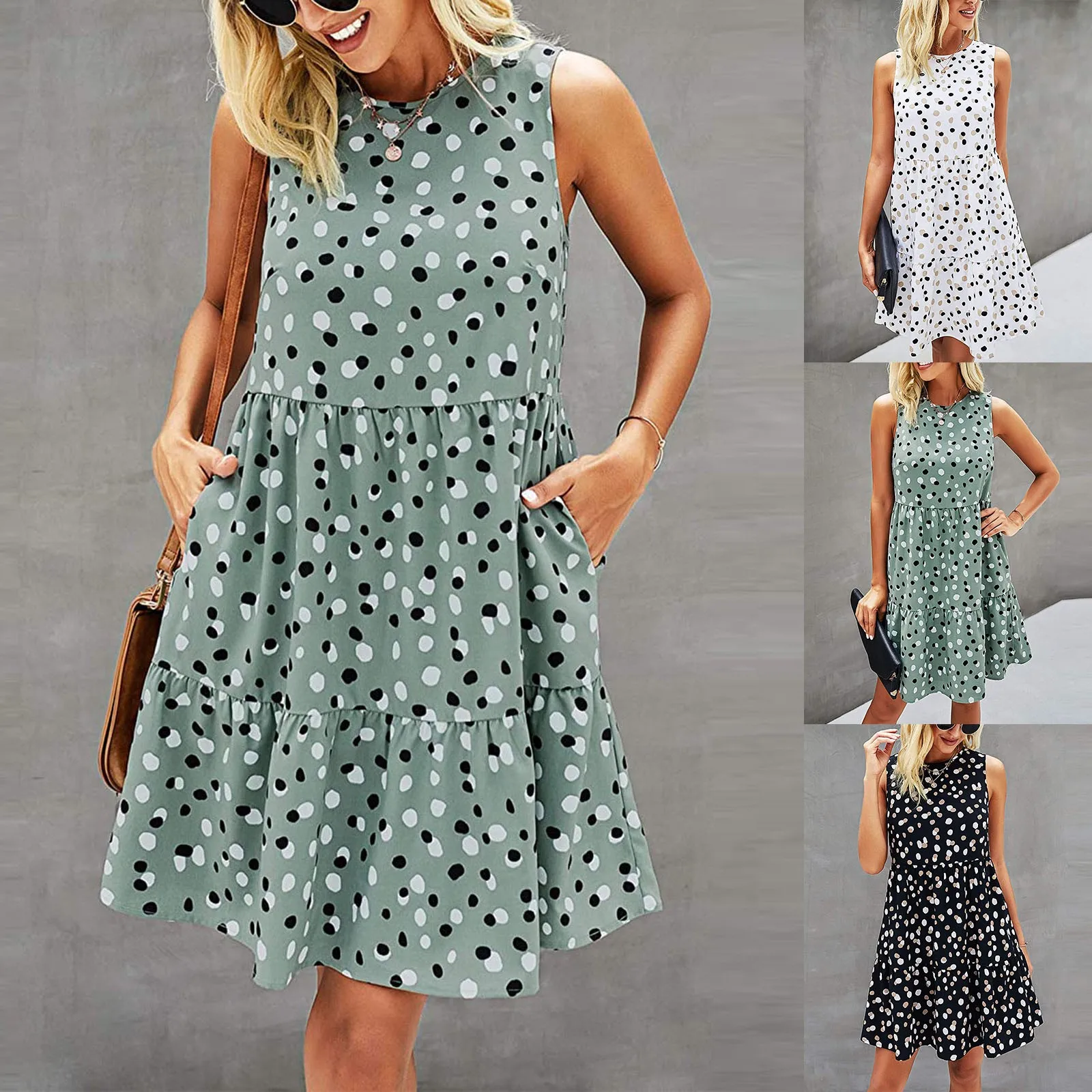 2021 Vintage Impresión de punto vestido de verano de las mujeres de verano punto huellas sin mangas una línea suelto Swing T camisa de vestir con bolsillos #2