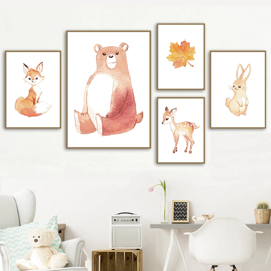 Лес Картина с рисунком животных Акварельная Художественная печать и постер для