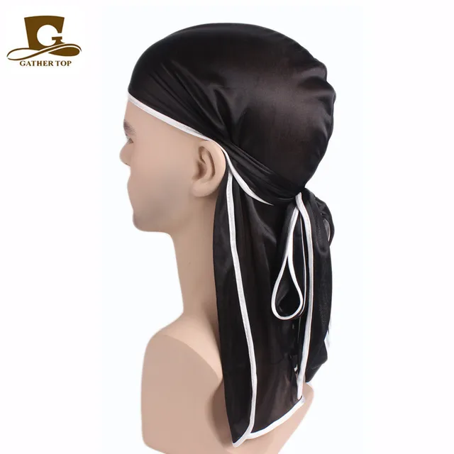 Men's Silky Durags Bandanas Turban hat Wigs Doo Men Satin Durag Biker Headwear Headband Hair Accessories Extra Long Tail Du-Rag Adult Black white