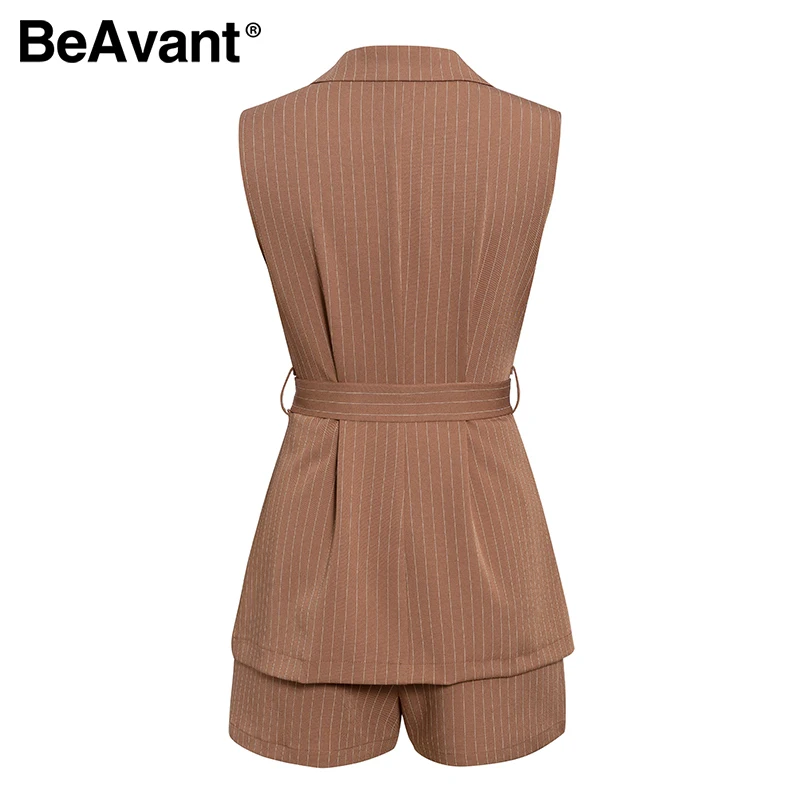 BeAvant, уличная одежда, в полоску, короткий комбинезон, 2 шт., женский,, весна-лето, офисный Блейзер, жилет, костюмы, женский, с высокой талией, пояс, костюмы